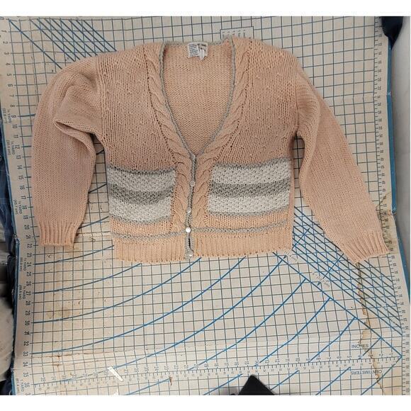 Licorice Vintage Peach Cream Striped Cable Knit V neck Cardigan Sweater Jacket - Picture 5 of 13